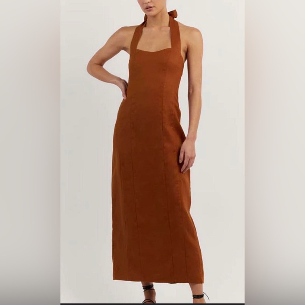 DISSH BNWT brown linen halter midi dress size 2